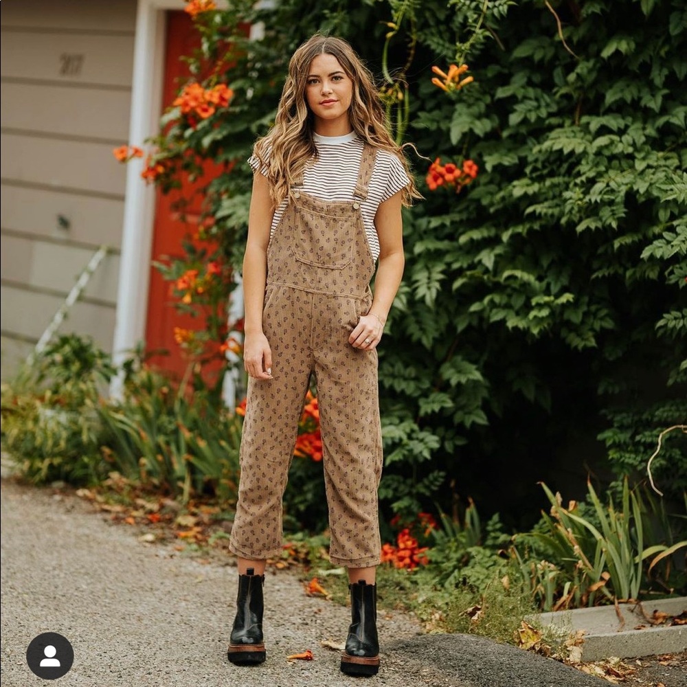 COPY - Clad & Cloth hayride overalls in brown floral corduroy.